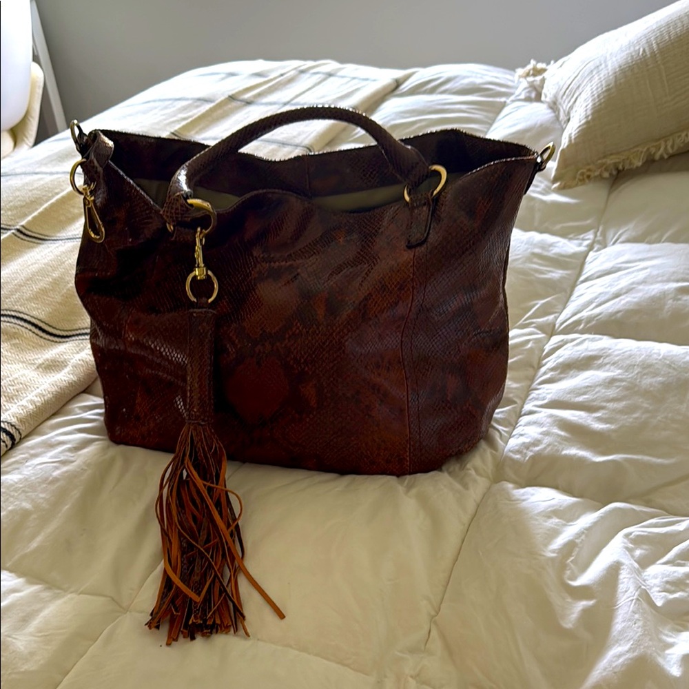 G.I.L.I. Brown snake Leather Tote with Tassel Detail
